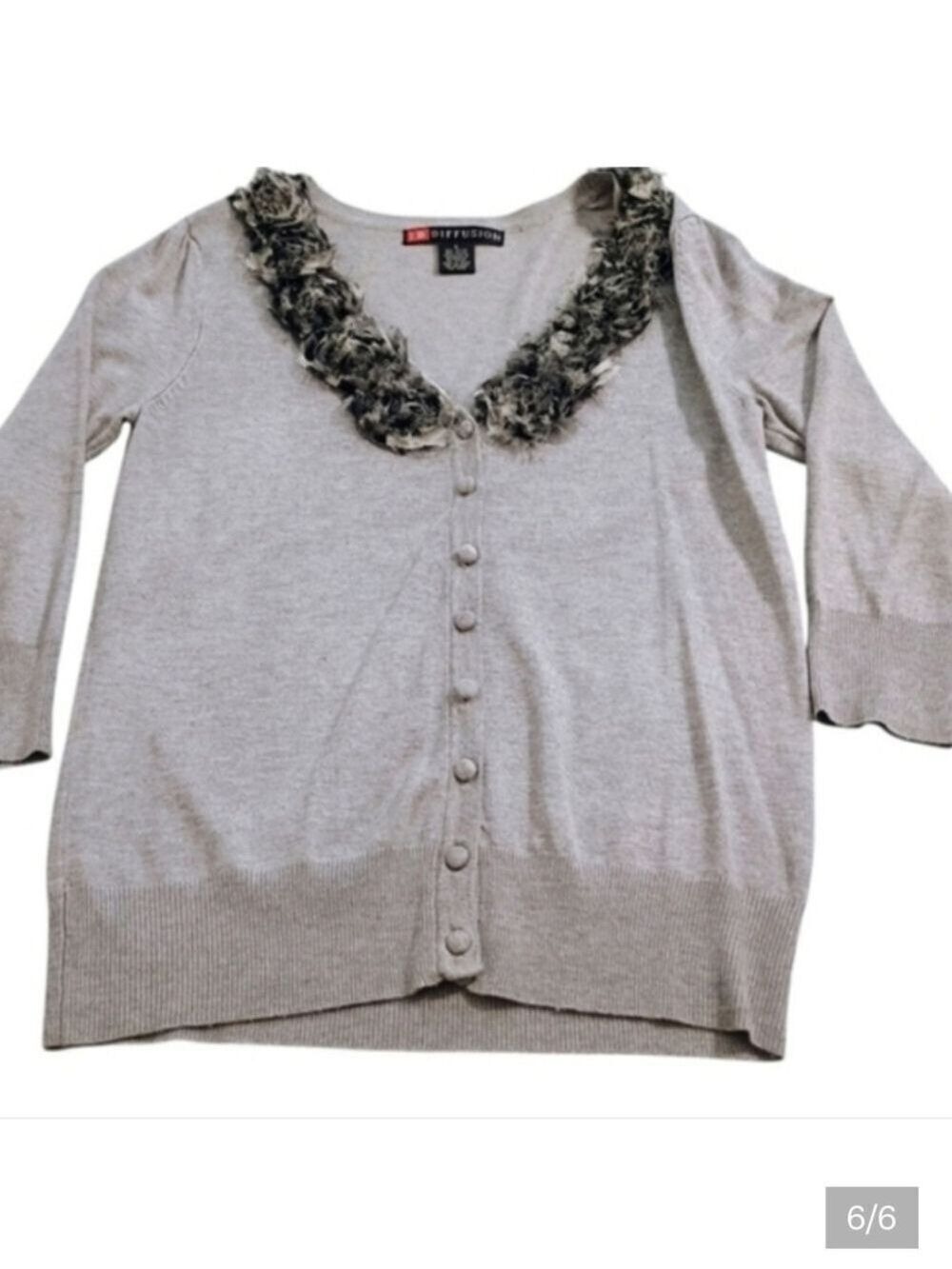 I.B. Diffusion Gray Cardigan Rosette Animal Print Trim Button Front Small - Picture 2 of 5